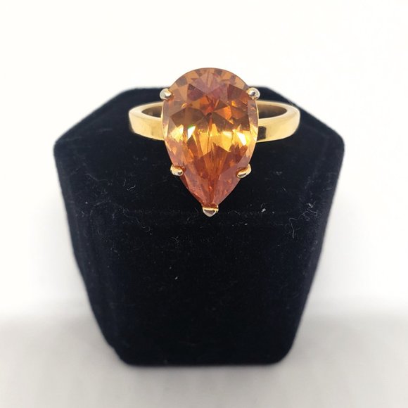 Simulated Orange-Yellow Pear Shaped Gemstone Ring Size 8 - Picture 2 of 10